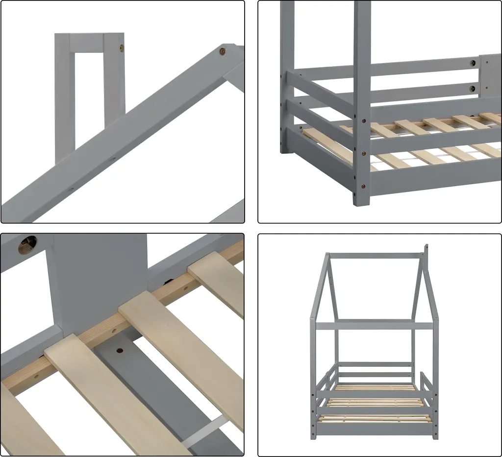Merax Kinderbett 90 X 200 Cm Hausbett Mit Rausfallschutz Und Schornstein, Robuste Lattenroste, Kinderbetten Aus Kiefernholz, Grau 7 Merax Kinderbett 90 X 200 Cm Hausbett Mit Rausfallschutz Und Schornstein, Robuste Lattenroste, Kinderbetten Aus Kiefernholz, Grau – Bild 7