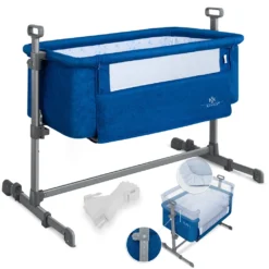 KESSER® Zustellbett Hubi 3in1 Baby Beistellbett Reisebett Babybett Mit Weich Matratze, Mit Rollen Kinderbett, 5-fach Höhenverstellung, Faltbare Seitenwand Für Zu Hause Und Unterwegs, Farbe:Blau
