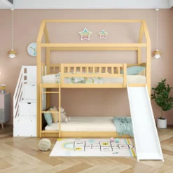 Merax Etagenbett 90x200cm Kinderbett Mit Rutsche, Treppe Mit Stauraum, Fallschutz Und Handlauf, Hausbett Aus Massivholz In Natur Und Weiß, 2 Einzelbetten Stockbett Für Kinderzimmer -Babyfreude Deutschland Verkaufs-Shop 8f34d299803bdf0c66b0332535b2c455