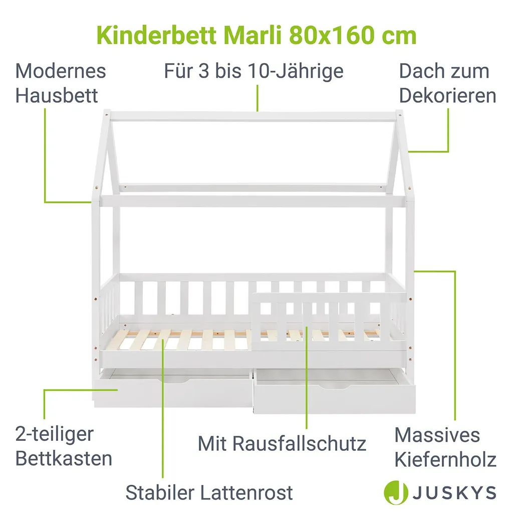 Juskys Kinderbett Marli 80 X 160 Cm Mit Bettkasten 2-teilig, Rausfallschutz, Lattenrost & Dach - Massivholz Hausbett Für Kinder - Bett In Weiß 3 Juskys Kinderbett Marli 80 X 160 Cm Mit Bettkasten 2-teilig, Rausfallschutz, Lattenrost & Dach - Massivholz Hausbett Für Kinder - Bett In Weiß – Bild 3