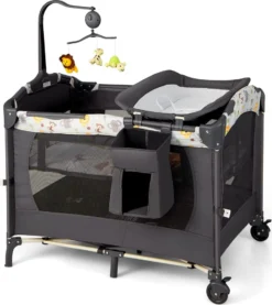 COSTWAY 4 In 1 Klappbares Reisebett & Beistellbett & Wickeltisch & Laufstall Rollbar, 2 Ebenen Babybett Inkl. Spielbogen, Matratze, Wickelauflage, Windelaufbewahrung Und Spieluhr (Hellgrau)