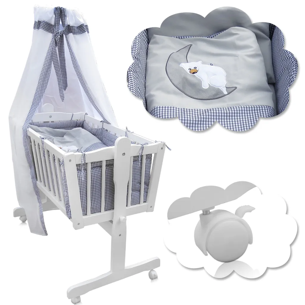 Baby Wiege Kinder Himmel Bett Stubenwagen Beistellbett + 9 Tlg. Zubehör Weiß/grau 6 Baby Wiege Kinder Himmel Bett Stubenwagen Beistellbett + 9 Tlg. Zubehör Weiß/grau – Bild 6