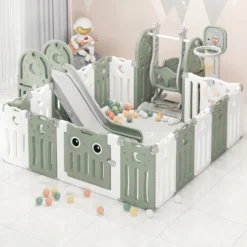 Merax Laufgitter Faltbar Laufstall Baby Absperrgitter 14+2 Paneele Schutzgitter Mit Schaukel, Rutsche, Basketballkorb Und BB-Sound-Knopf, Krabbelgitter Aus Kunststoff Für Kinder, Grün+ Weiß 26 Merax Laufgitter Faltbar Laufstall Baby Absperrgitter 14+2 Paneele Schutzgitter Mit Schaukel, Rutsche, Basketballkorb Und BB-Sound-Knopf, Krabbelgitter Aus Kunststoff Für Kinder, Grün+ Weiß -Babyfreude Deutschland Verkaufs-Shop 98aadae22c7b234fdea6fd91d5b07d0b