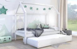 NALA BIS2 Holzbett Kinderbett Hausbett 90x200 Weiß 100% Kieferholz Ohne Schutzgitter 2 Lattenroste Kiefer Schubkasten Mit Schlaffunktion