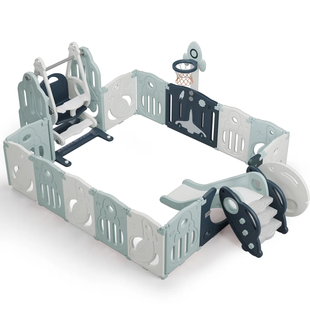 Merax Laufgitter Faltbar Laufstall Baby Absperrgitter 14+2 Paneele Schutzgitter Mit Schaukel, Rutsche Und Basketballkorb, Astronauten-Serie Krabbelgitter 4-in-1 Laufgitter Für Kinder, Blau 12 Merax Laufgitter Faltbar Laufstall Baby Absperrgitter 14+2 Paneele Schutzgitter Mit Schaukel, Rutsche Und Basketballkorb, Astronauten-Serie Krabbelgitter 4-in-1 Laufgitter Für Kinder, Blau – Bild 12