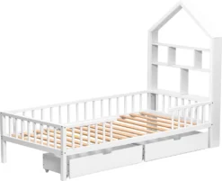 Merax Kinderbett 90x200cm Massivholz Einzelbett Mit Schubladen Und Lattenrost, Hausbett Mit Bücherregal Ablage Rausfallschutz, Weiß -Babyfreude Deutschland Verkaufs-Shop 9b8d7a449716927c00055596ffcff407