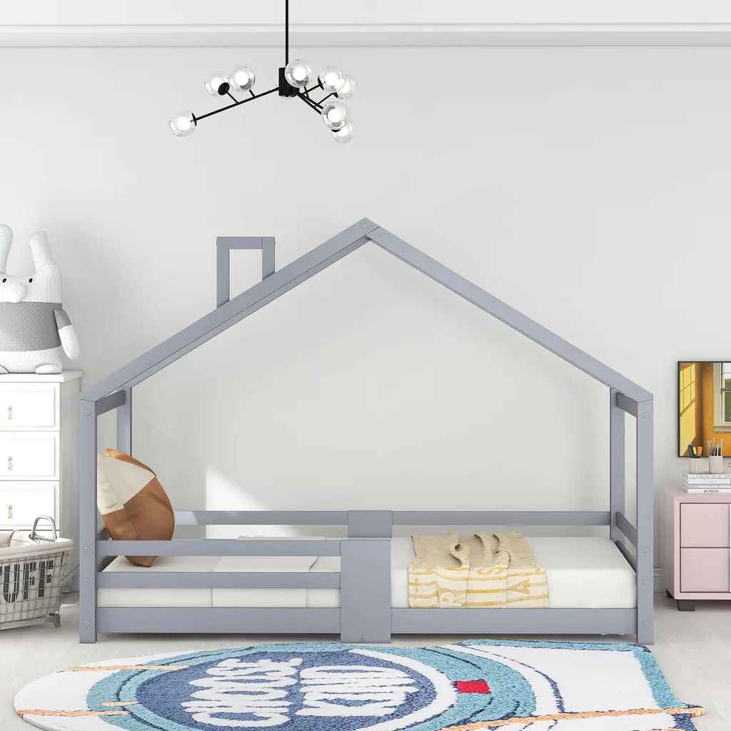 Merax Kinderbett 90 X 200 Cm Hausbett Mit Rausfallschutz Und Schornstein, Robuste Lattenroste, Kinderbetten Aus Kiefernholz, Grau 11 Merax Kinderbett 90 X 200 Cm Hausbett Mit Rausfallschutz Und Schornstein, Robuste Lattenroste, Kinderbetten Aus Kiefernholz, Grau – Bild 11