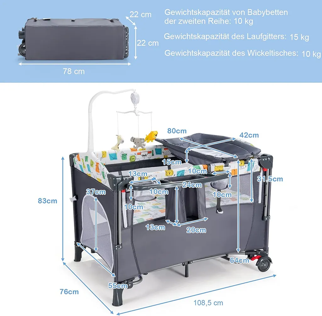 5 In 1 Babybett Mit Matratze, Reisebett Baby Mit Wickeltisch, Spieluhr Und Spielzeug, Laufstall | Beistellbett | Babyschaukel Für Baby Ab Geburt (Grau) 6 5 In 1 Babybett Mit Matratze, Reisebett Baby Mit Wickeltisch, Spieluhr Und Spielzeug, Laufstall | Beistellbett | Babyschaukel Für Baby Ab Geburt (Grau) – Bild 6