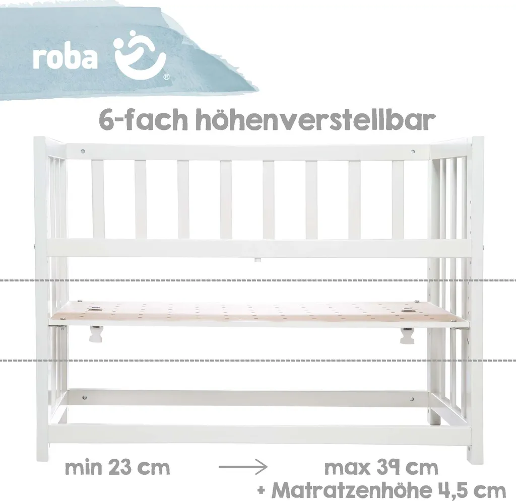 Roba Stubenbett 4 In 1, Beistellbett ‚Adam & Eule‘, Babybett, Wiege & Kinderbank, Weiß 8 Roba Stubenbett 4 In 1, Beistellbett ‚Adam & Eule‘, Babybett, Wiege & Kinderbank, Weiß – Bild 8