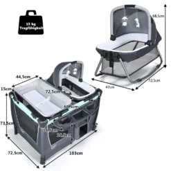 COSTWAY 4 In 1 Klappbares Reisebett & Wickeltisch & Laufstall & Babywiege Mit Schaukelfunktion, Inkl. Babykorb, Wickelauflage, Matratze, Spieluhr, Spielzeug, Aufbewahrungsregal Und Tragetasche Grau -Babyfreude Deutschland Verkaufs-Shop a1fd9cc809067d2f43e7225f7053f1f6