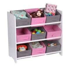Holz Kinderregal In Weiß Mit Stoffkisten - Rosa / 65 X 60 Cm - Stand Regal In Weiß Mit 3 Etagen Und 9 Boxen