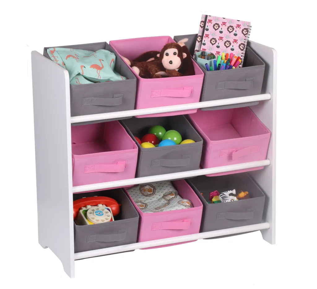 Holz Kinderregal In Weiß Mit Stoffkisten - Rosa / 65 X 60 Cm - Stand Regal In Weiß Mit 3 Etagen Und 9 Boxen 1 Holz Kinderregal In Weiß Mit Stoffkisten - Rosa / 65 X 60 Cm - Stand Regal In Weiß Mit 3 Etagen Und 9 Boxen
