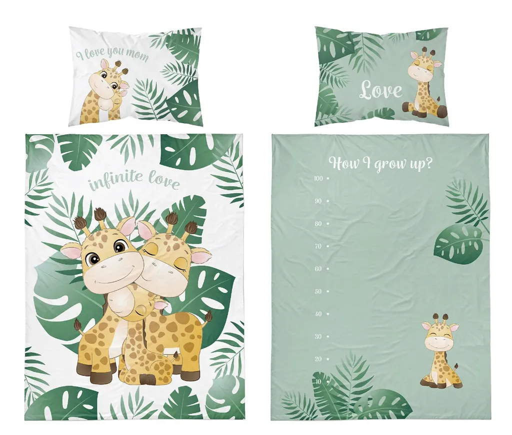 Baby Wende-Bettwäsche Aus 100% Baumwolle - Giraffe Grün - 100 X 135 Cm 1 Baby Wende-Bettwäsche Aus 100% Baumwolle - Giraffe Grün - 100 X 135 Cm