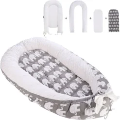 Topchances Kuschelnest Babynest Multifunktionales Nest Für Babys Säuglinge Reisebett, 100% Baumwolle Bionic Bett, Für 0-24 Monate Baby Und Säuglinge (Grau/Elefant)