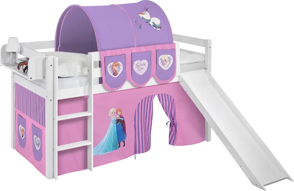 Hochbett JELLE 190x90cm In Weiss Mit RUTSCHE Und Lila FROZEN / Eiskönigin / Anna & Elsa Vorhang. Kinderbett & Spielbett Von LILOKIDS 2 Hochbett JELLE 190x90cm In Weiss Mit RUTSCHE Und Lila FROZEN / Eiskönigin / Anna & Elsa Vorhang. Kinderbett & Spielbett Von LILOKIDS – Bild 2