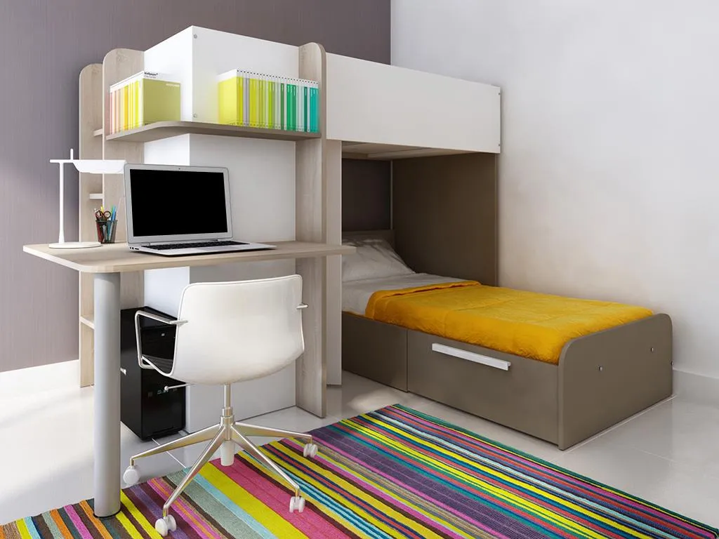 Hochbett 2x 90 X 190 Cm Mit Schreibtisch + Bettboden - Weiß, Naturfarben & Braun - SAMUEL 2 Hochbett 2x 90 X 190 Cm Mit Schreibtisch + Bettboden - Weiß, Naturfarben & Braun - SAMUEL – Bild 2