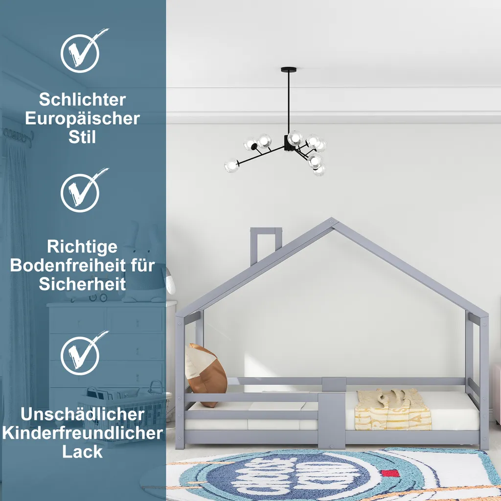 Merax Kinderbett 90 X 200 Cm Hausbett Mit Rausfallschutz Und Schornstein, Robuste Lattenroste, Kinderbetten Aus Kiefernholz, Grau 4 Merax Kinderbett 90 X 200 Cm Hausbett Mit Rausfallschutz Und Schornstein, Robuste Lattenroste, Kinderbetten Aus Kiefernholz, Grau – Bild 4