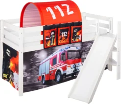 Spielbett JELLE 90 X 200 Cm Feuerwehr - Hochbett LILOKIDS - Weiß - Mit Schräger Rutsche Und Vorhang