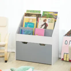 SoBuy KMB17-HG Kinder Bücherregal Kinderregal Mit 3 Ablagefächern Und Einer Herausnehmbaren Spielzeugtruhe Aufbewahrungsregal Für Kinder Weiß/Grau