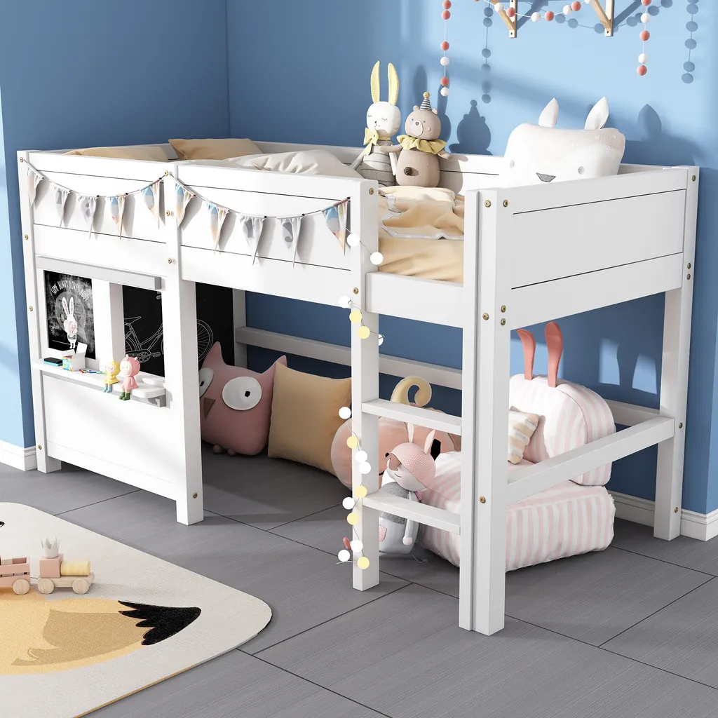 Merax Etagenbett 90x200 Cm Kinderbett Hochbett Mit Zwei Beschreibbaren Tafeln, Klein Ablage Und Leiter, Spielbett Aus Kiefer Für Jungen Und Mädchen, Weiß 2 Merax Etagenbett 90x200 Cm Kinderbett Hochbett Mit Zwei Beschreibbaren Tafeln, Klein Ablage Und Leiter, Spielbett Aus Kiefer Für Jungen Und Mädchen, Weiß – Bild 2