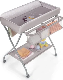 COSTWAY Wickeltisch Mit Großen Aufbewahrungsfläche Und -körben, Wickelkombination Klappbar & Rollbar, Wickelkombi Mit Sicherheitsgurt, Wickelregal Für Babys Und Kleinkinder Bis 11kg (Grau)