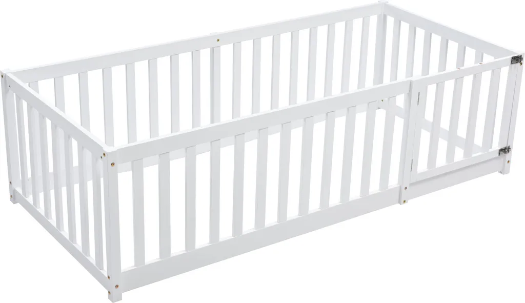 Merax Kinderbett 90x200 Cm Babybett Mit Zaun Und Schutzgitter, Kiefernholz Bodenbett Jugendbett, Weiß 6 Merax Kinderbett 90x200 Cm Babybett Mit Zaun Und Schutzgitter, Kiefernholz Bodenbett Jugendbett, Weiß – Bild 6