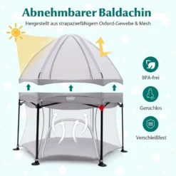COSTWAY Sechseckiger Laufstall, Ein-Knopf-Faltung Laufgitter Mit Abnehmbarem Baldachin & Reißverschlusstür & Tragetasche & Matte, Absperrgitter Aus Mesh & Oxford-Tuch Für Baby 6-36 Monate Grau -Babyfreude Deutschland Verkaufs-Shop b658dd4b5e7c9a4099630fb95c1143e6
