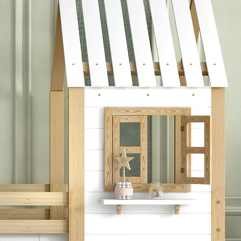 Merax Etagenbett 90x200cm Kinderbett Mit Leiter, Fallschutz Und Lattenrost, Hochbett Stockbett Kiefer Holzbett Hausbett Mit Dach Und Fenster, Weiß/Natur 5 Merax Etagenbett 90x200cm Kinderbett Mit Leiter, Fallschutz Und Lattenrost, Hochbett Stockbett Kiefer Holzbett Hausbett Mit Dach Und Fenster, Weiß/Natur – Bild 5