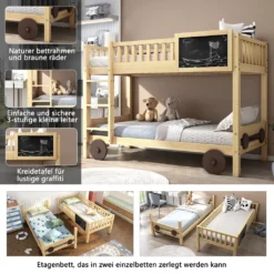 Merax Etagenbett 90x200cm Kinderbett Mit Rechtwinkliger Treppe Und Tafel, Zaun Und Rädern, Stockbett Rahmen Aus Kiefer, Teilbar Zu 2 Einzelbetten, Natur -Babyfreude Deutschland Verkaufs-Shop b87dee52fe5dfaf8e1c8a4e9d20617f0