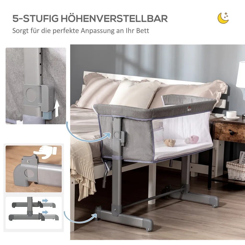 HOMCOM Baby Beistellbett Kinderbett Reisebett Für 0-6 Monate Baby Stubenwagen Mit Matratze Netzfenster Transporttasche Höhenverstellbar Faltbar Metall Oxfordstoff Grau 4 HOMCOM Baby Beistellbett Kinderbett Reisebett Für 0-6 Monate Baby Stubenwagen Mit Matratze Netzfenster Transporttasche Höhenverstellbar Faltbar Metall Oxfordstoff Grau – Bild 4