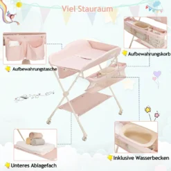 COSTWAY Klappbare Wickeltisch, Höhenverstellbarer Wickelstation Mit Stauraum & Abnehmbaren Feststellbaren Rädern & Sicherheitsgurt & Wasserbecken, Mobile Wickelkommode Für Baby (Rosa) -Babyfreude Deutschland Verkaufs-Shop bac016b219051c032d4d2ac631250b4a