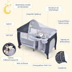 COSTWAY 4 In 1 Klappbares Reisebett & Babywiege & Wickeltisch & Laufstall Mit Schaukelfunktion, Inkl. Spieluhr, Spielbogen, Wickelauflage, Matratze, Windel Organizer Und Tragetasche (Grau) -Babyfreude Deutschland Verkaufs-Shop bba631363af2efb6425117135b7e9e85