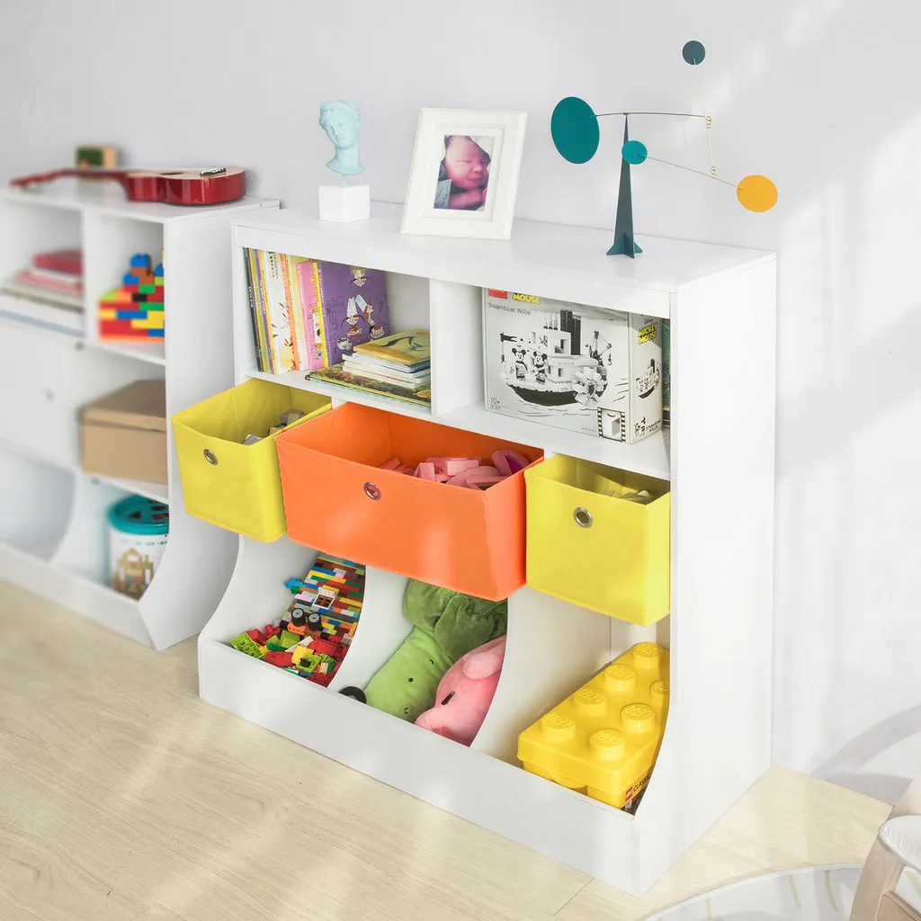 SoBuy KMB26-W Kinder Bücherregal Kinderregal Mit 5 Ablagefächern Und 3 Stoffboxen Spielzeugregal Aufbewahrungsregal Für Kinder Spielzeug-Organizer Weiß 3 SoBuy KMB26-W Kinder Bücherregal Kinderregal Mit 5 Ablagefächern Und 3 Stoffboxen Spielzeugregal Aufbewahrungsregal Für Kinder Spielzeug-Organizer Weiß – Bild 3