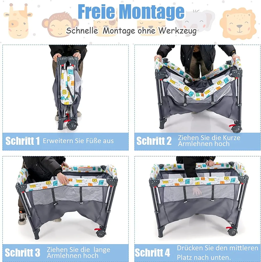 5 In 1 Babybett Mit Matratze, Reisebett Baby Mit Wickeltisch, Spieluhr Und Spielzeug, Laufstall | Beistellbett | Babyschaukel Für Baby Ab Geburt (Grau) 4 5 In 1 Babybett Mit Matratze, Reisebett Baby Mit Wickeltisch, Spieluhr Und Spielzeug, Laufstall | Beistellbett | Babyschaukel Für Baby Ab Geburt (Grau) – Bild 4
