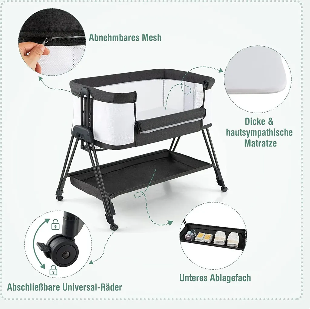 COSTWAY 2 In 1 Beistellbett & Stubenwagen Klappbar, Tragbare Babybett Mit 7 Verstellbaren Höhen & Matratze & Tragetasche & Gurte, Verstellbare Reisebett Für Neugeborene Bis 6 Monate (Dunkelgrau) 2 COSTWAY 2 In 1 Beistellbett & Stubenwagen Klappbar, Tragbare Babybett Mit 7 Verstellbaren Höhen & Matratze & Tragetasche & Gurte, Verstellbare Reisebett Für Neugeborene Bis 6 Monate (Dunkelgrau) – Bild 2