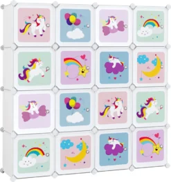 SONGMICS Kleiderschrank, Regalsystem Mit 16 Würfeln, Kinderregale, Chuhregal , Aufbewahrungsschrank Für Kinder, Aus Kunststoff, 123 X 31 X 123 Cm, Weiß LPC906W01