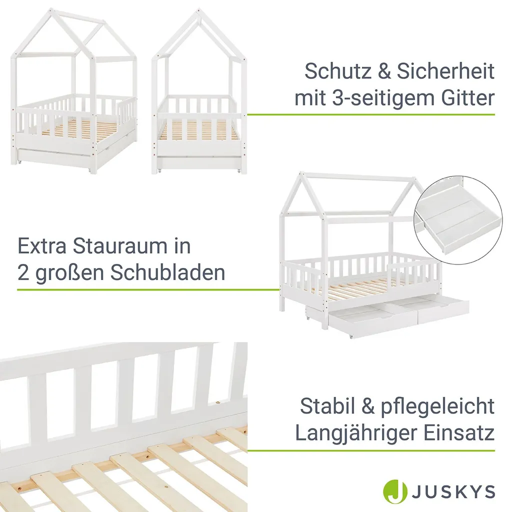 Juskys Kinderbett Marli 80 X 160 Cm Mit Bettkasten 2-teilig, Rausfallschutz, Lattenrost & Dach - Massivholz Hausbett Für Kinder - Bett In Weiß 5 Juskys Kinderbett Marli 80 X 160 Cm Mit Bettkasten 2-teilig, Rausfallschutz, Lattenrost & Dach - Massivholz Hausbett Für Kinder - Bett In Weiß – Bild 5