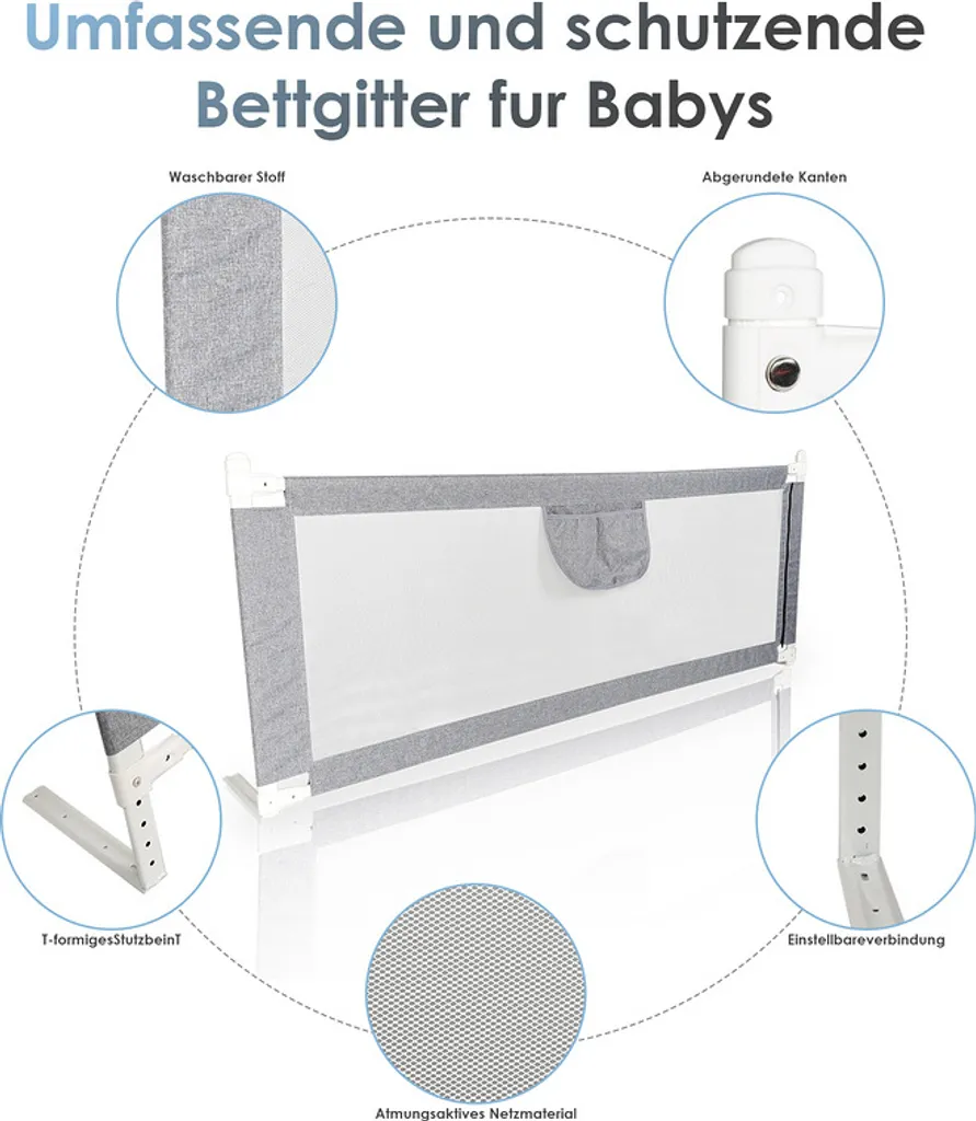 Lospitch Bettgitter 180*80 Cm Bettschutzgitter Kinderbettgitter Für Kinder Babybettgitter Höhenverstellbar Klappbar Passend Für Kinderbetten, Elternbetten Anti-Fall Für Baby Kinder - Grau Schutzgitter-Zubehör 3 Lospitch Bettgitter 180*80 Cm Bettschutzgitter Kinderbettgitter Für Kinder Babybettgitter Höhenverstellbar Klappbar Passend Für Kinderbetten, Elternbetten Anti-Fall Für Baby Kinder - Grau Schutzgitter-Zubehör – Bild 3