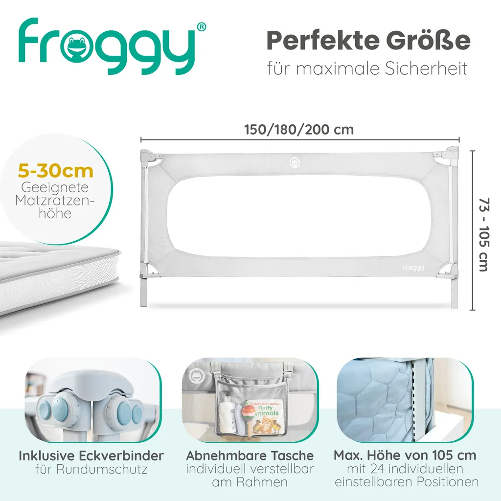 FROGGY Bettgitter 200cm Höhenverstellbar 73-105cm Baby Bettschutzgitter Für Kinder- & Elternbetten Geeignet 5 FROGGY Bettgitter 200cm Höhenverstellbar 73-105cm Baby Bettschutzgitter Für Kinder- & Elternbetten Geeignet – Bild 5
