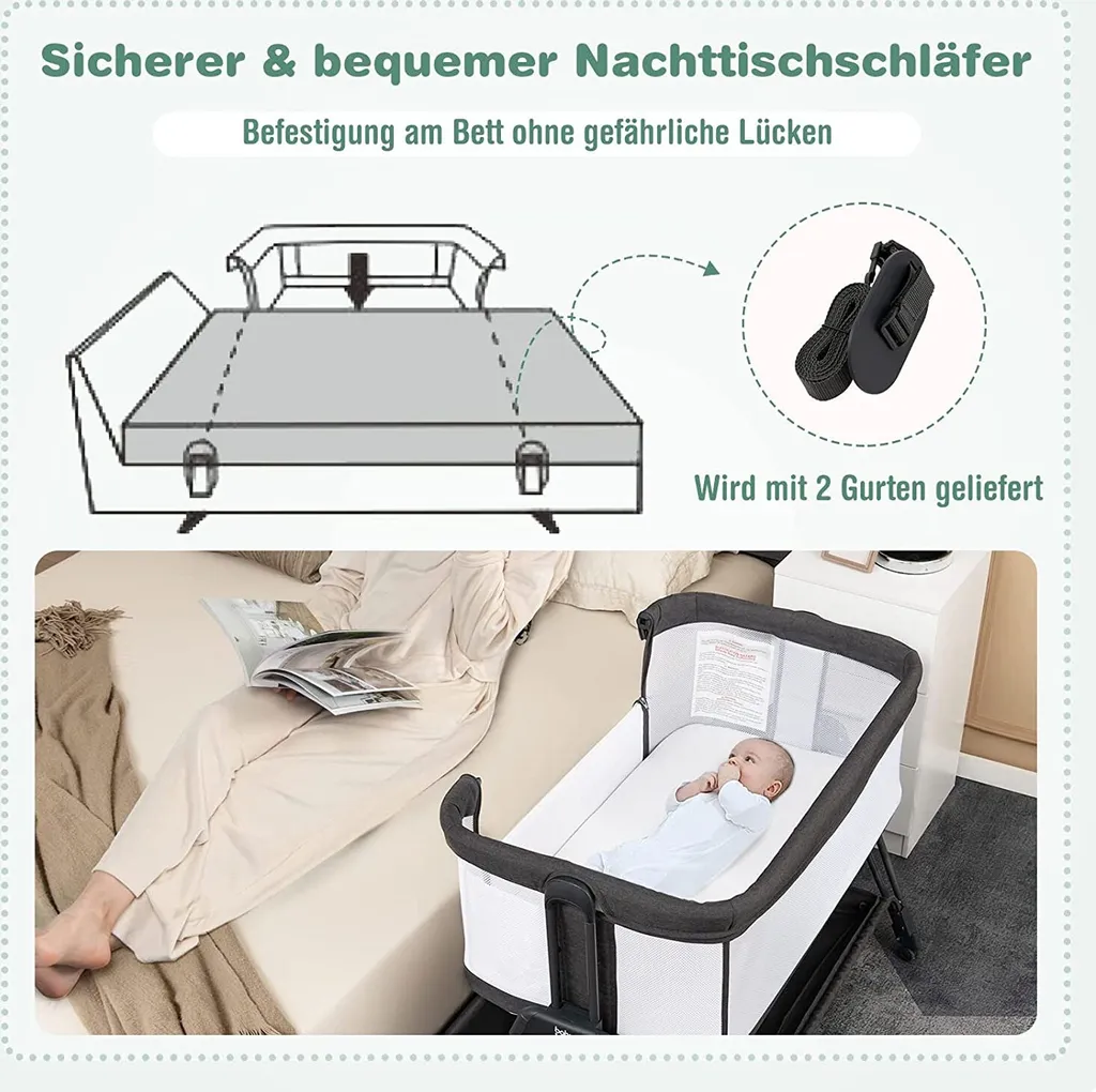 COSTWAY 2 In 1 Beistellbett & Stubenwagen Klappbar, Tragbare Babybett Mit 7 Verstellbaren Höhen & Matratze & Tragetasche & Gurte, Verstellbare Reisebett Für Neugeborene Bis 6 Monate (Dunkelgrau) 6 COSTWAY 2 In 1 Beistellbett & Stubenwagen Klappbar, Tragbare Babybett Mit 7 Verstellbaren Höhen & Matratze & Tragetasche & Gurte, Verstellbare Reisebett Für Neugeborene Bis 6 Monate (Dunkelgrau) – Bild 6