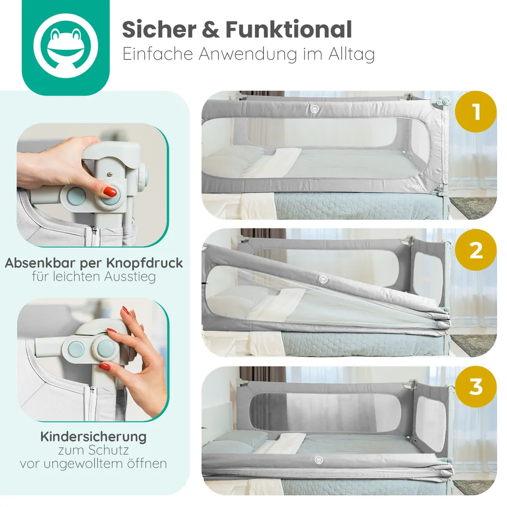 FROGGY Bettgitter 200cm Höhenverstellbar 73-105cm Baby Bettschutzgitter Für Kinder- & Elternbetten Geeignet 3 FROGGY Bettgitter 200cm Höhenverstellbar 73-105cm Baby Bettschutzgitter Für Kinder- & Elternbetten Geeignet – Bild 3