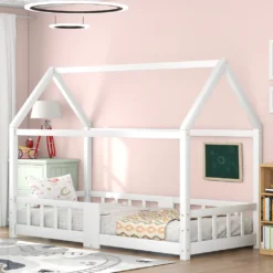 Merax Kinderbett 90 X 200 Cm Hausbett Mit Tafel Und Rausfallschutz, Lattenrost Und Zaun, Einzelbett Für Mädchen Und Jungen Kinderbetten Aus Massivem Kiefernholz, Weiß
