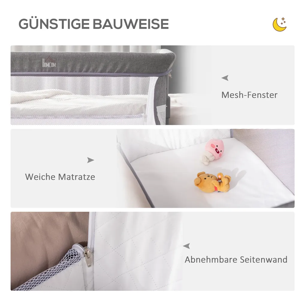 HOMCOM Baby Beistellbett Kinderbett Reisebett Für 0-6 Monate Baby Stubenwagen Mit Matratze Netzfenster Transporttasche Höhenverstellbar Faltbar Metall Oxfordstoff Grau 6 HOMCOM Baby Beistellbett Kinderbett Reisebett Für 0-6 Monate Baby Stubenwagen Mit Matratze Netzfenster Transporttasche Höhenverstellbar Faltbar Metall Oxfordstoff Grau – Bild 6