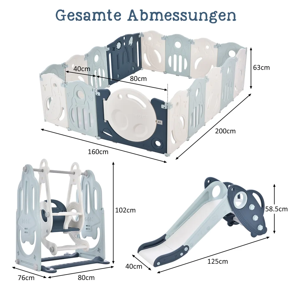 Merax Laufgitter Faltbar Laufstall Baby Absperrgitter 14+2 Paneele Schutzgitter Mit Schaukel, Rutsche Und Basketballkorb, Astronauten-Serie Krabbelgitter 4-in-1 Laufgitter Für Kinder, Blau 9 Merax Laufgitter Faltbar Laufstall Baby Absperrgitter 14+2 Paneele Schutzgitter Mit Schaukel, Rutsche Und Basketballkorb, Astronauten-Serie Krabbelgitter 4-in-1 Laufgitter Für Kinder, Blau – Bild 9