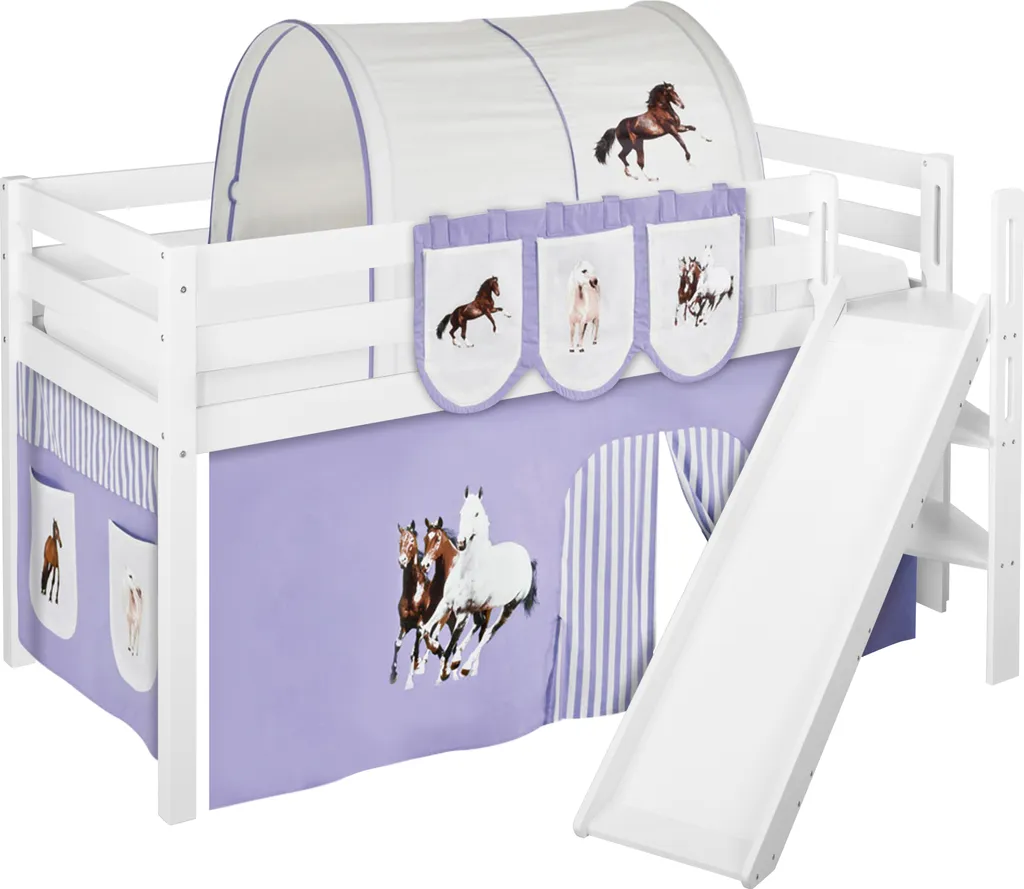 Spielbett JELLE 90 X 200 Cm Pferde Lila Beige - Hochbett LILOKIDS - Weiß - Mit Schräger Rutsche Und Vorhang 1 Spielbett JELLE 90 X 200 Cm Pferde Lila Beige - Hochbett LILOKIDS - Weiß - Mit Schräger Rutsche Und Vorhang