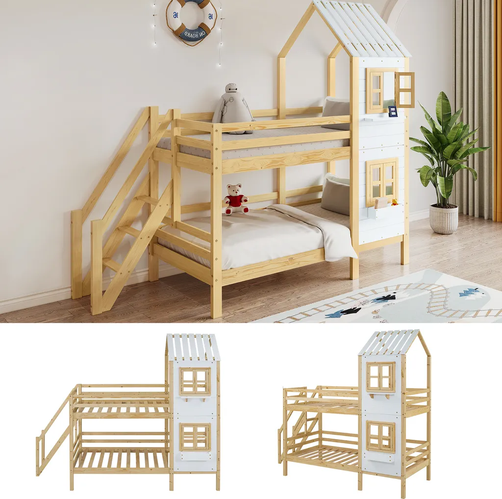 Merax Etagenbett 90x200cm Kinderbett Mit Leiter, Fallschutz Und Lattenrost, Hochbett Stockbett Kiefer Holzbett Hausbett Mit Dach Und Fenster, Weiß/Natur 8 Merax Etagenbett 90x200cm Kinderbett Mit Leiter, Fallschutz Und Lattenrost, Hochbett Stockbett Kiefer Holzbett Hausbett Mit Dach Und Fenster, Weiß/Natur – Bild 8