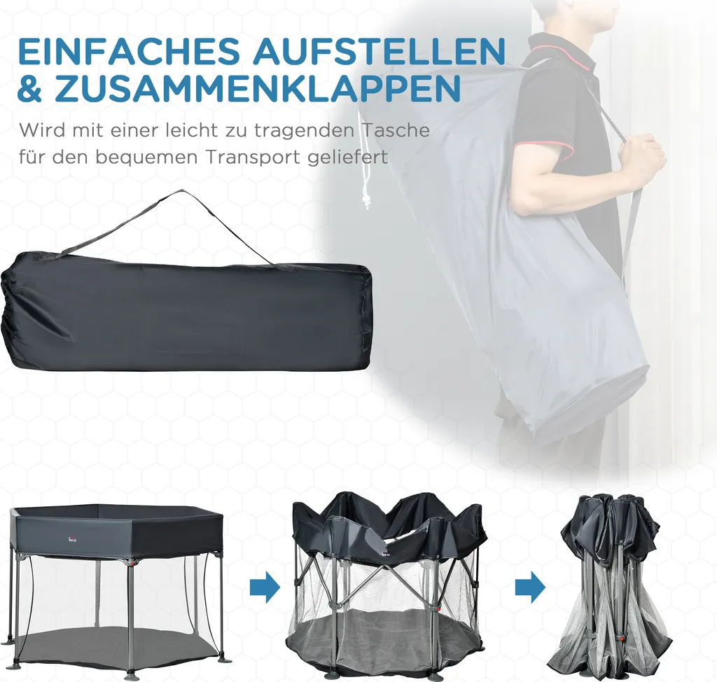 HOMCOM Baby Laufgitter 6 Eckig Zusammenklappbarer Laufstall Absperrgitter Krabbelgitter Reisebett Spielgitter Aktivitätszentrum Für Kinder Schutzgitter Mit Tragetasche Dunkelgrau 134 X 134 X 83 Cm 6 HOMCOM Baby Laufgitter 6 Eckig Zusammenklappbarer Laufstall Absperrgitter Krabbelgitter Reisebett Spielgitter Aktivitätszentrum Für Kinder Schutzgitter Mit Tragetasche Dunkelgrau 134 X 134 X 83 Cm – Bild 6