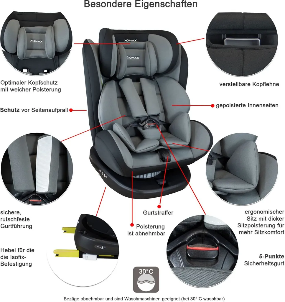 XOMAX 916 Auto Kindersitz Mit 360° Drehfunktion Und ISOFIX Für Kinder Von 0 - 36 Kg (Klasse 0, I, II, III) Farbe Schwarz/Grau 13 XOMAX 916 Auto Kindersitz Mit 360° Drehfunktion Und ISOFIX Für Kinder Von 0 - 36 Kg (Klasse 0, I, II, III) Farbe Schwarz/Grau – Bild 13