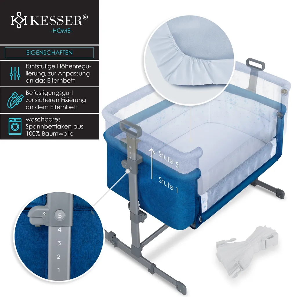 KESSER® Zustellbett Hubi 3in1 Baby Beistellbett Reisebett Babybett Mit Weich Matratze, Mit Rollen Kinderbett, 5-fach Höhenverstellung, Faltbare Seitenwand Für Zu Hause Und Unterwegs, Farbe:Blau 4 KESSER® Zustellbett Hubi 3in1 Baby Beistellbett Reisebett Babybett Mit Weich Matratze, Mit Rollen Kinderbett, 5-fach Höhenverstellung, Faltbare Seitenwand Für Zu Hause Und Unterwegs, Farbe:Blau – Bild 4