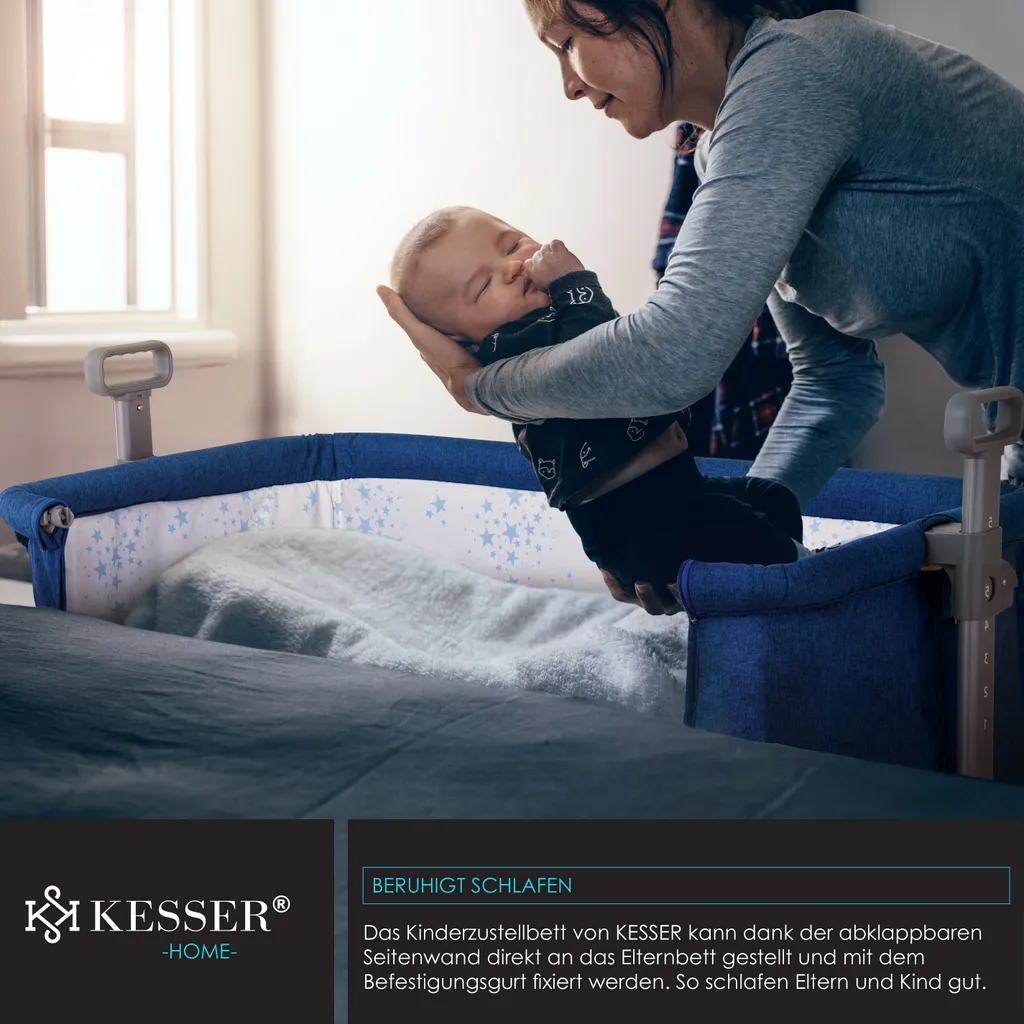 KESSER® Zustellbett Hubi 3in1 Baby Beistellbett Reisebett Babybett Mit Weich Matratze, Mit Rollen Kinderbett, 5-fach Höhenverstellung, Faltbare Seitenwand Für Zu Hause Und Unterwegs, Farbe:Blau 7 KESSER® Zustellbett Hubi 3in1 Baby Beistellbett Reisebett Babybett Mit Weich Matratze, Mit Rollen Kinderbett, 5-fach Höhenverstellung, Faltbare Seitenwand Für Zu Hause Und Unterwegs, Farbe:Blau – Bild 7